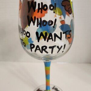 New Pier 1 Imports Colorful Owl Design "Whoo Wants to Party" Wine Glass
